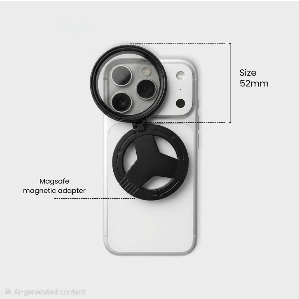 52mm magnetic CPL circular polarizer filter with aluminum frame snapping onto magnetic adapter ring, front view
