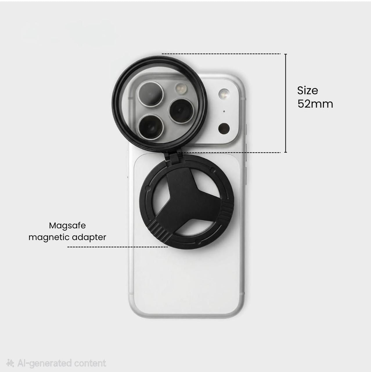 52mm magnetic CPL circular polarizer filter with aluminum frame snapping onto magnetic adapter ring, front view
