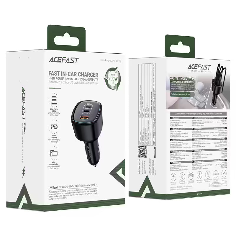 ACEFAST Fast Charge Car Charger B18 200W (2×USB-C + 1×USB-A)