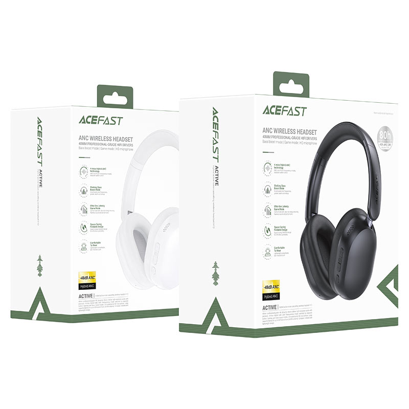 ACEFAST H12 ANC wireless headset with over-ear design in black.
