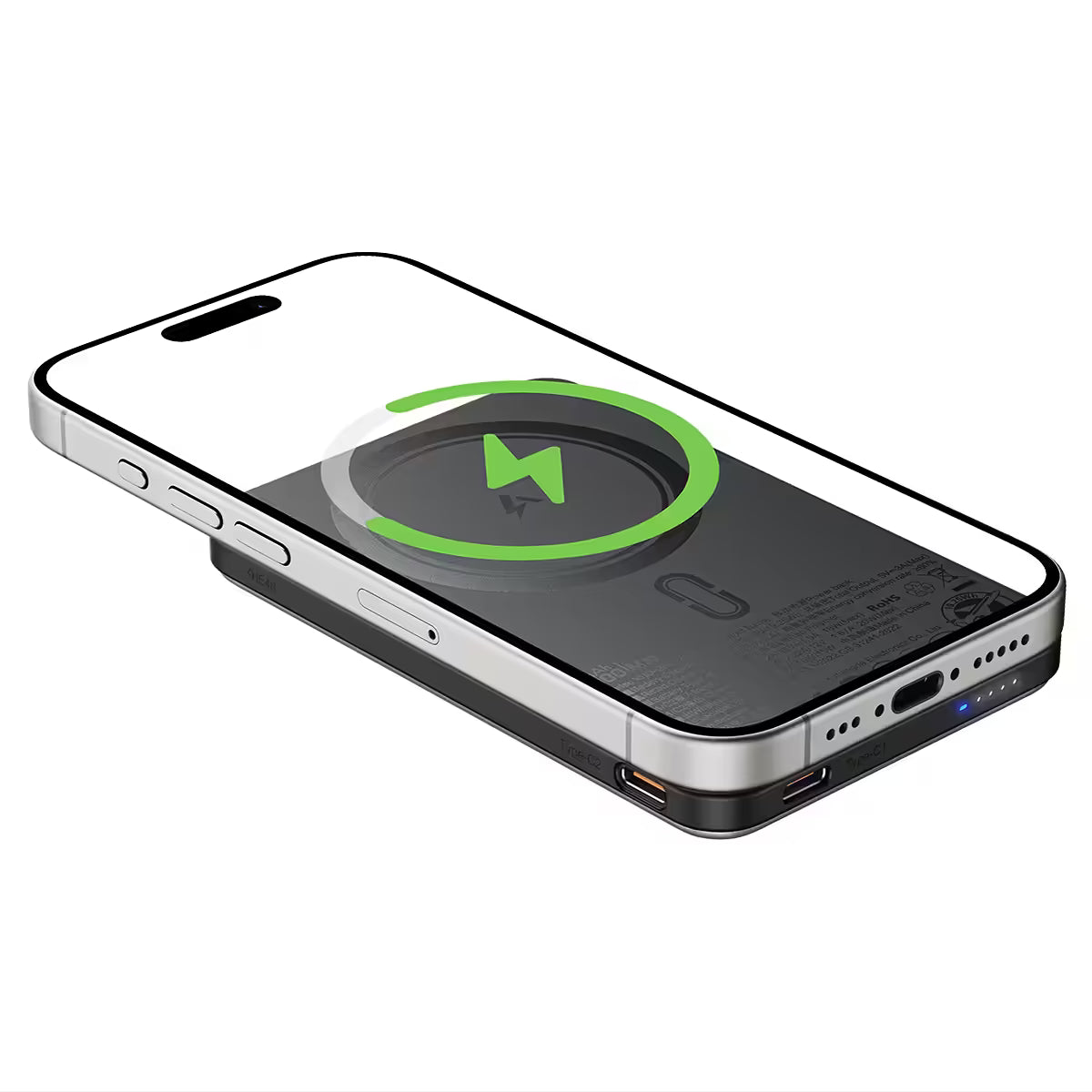 Slim 5000mAh power bank with USB-C ports and built-in cable
