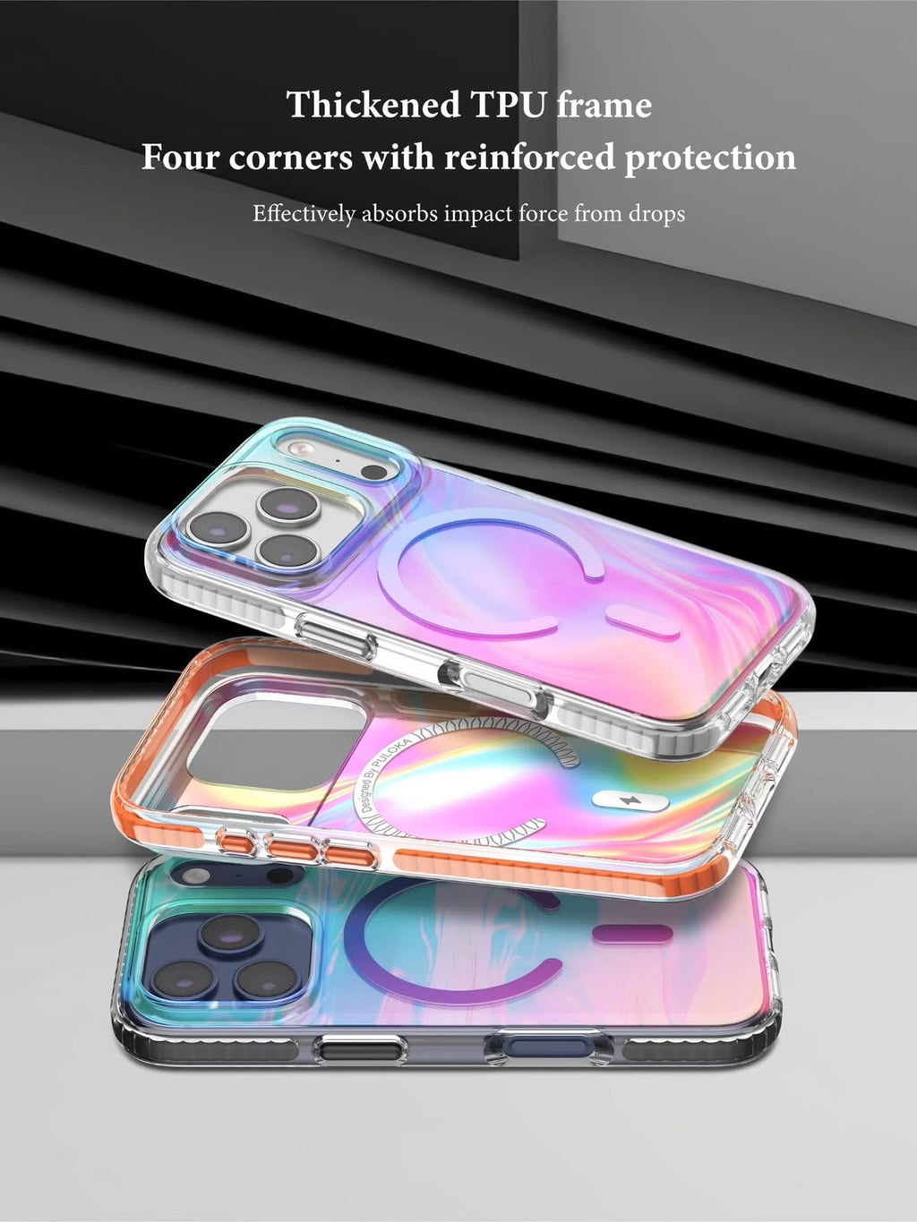 PULOKA iridescent cases in white, orange and black showing thickened TPU frame