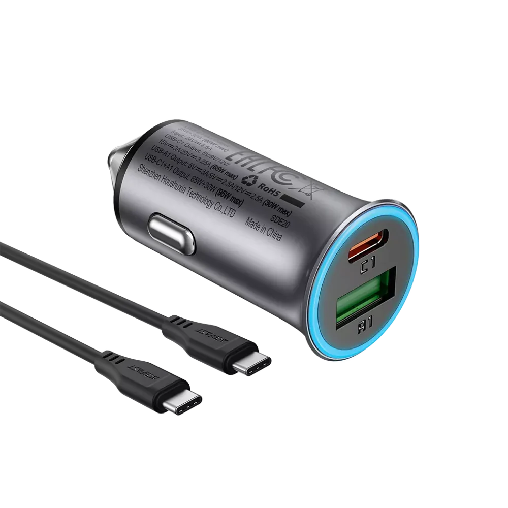 ACEFAST B16 95W dual-port car charger with ice-blue LED