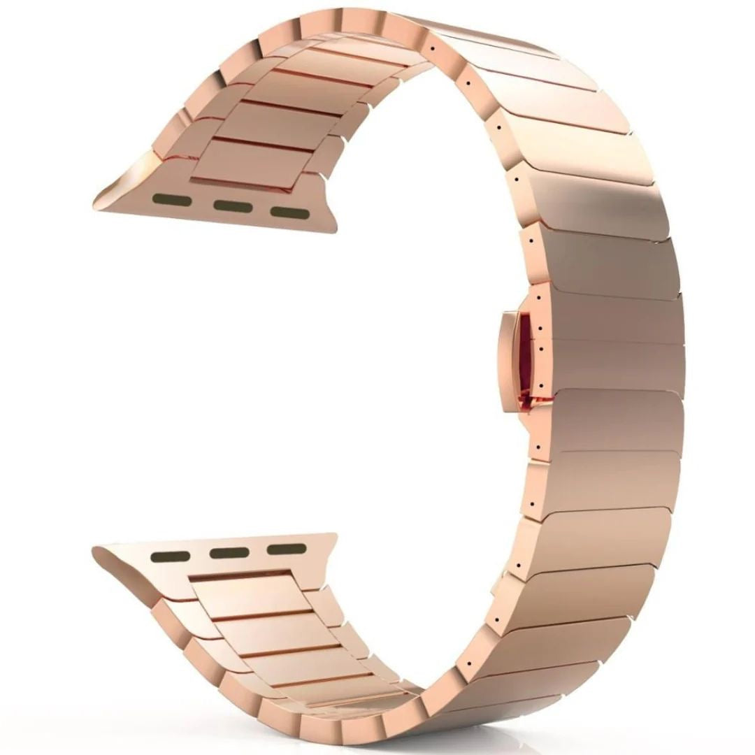 Stainless steel link band butterfly clasp close-up detail