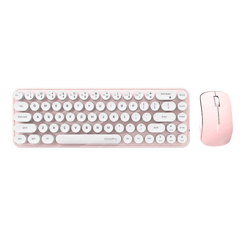MOFII Bean 2.4G wireless keyboard and mouse set in pink and white, top view showing 68-key compact layout
