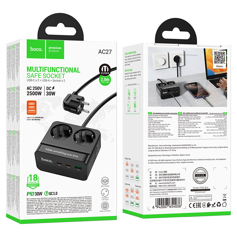 Power Strip PD30W 3 Ports + 2 EU/GER Sockets HOCO AC27