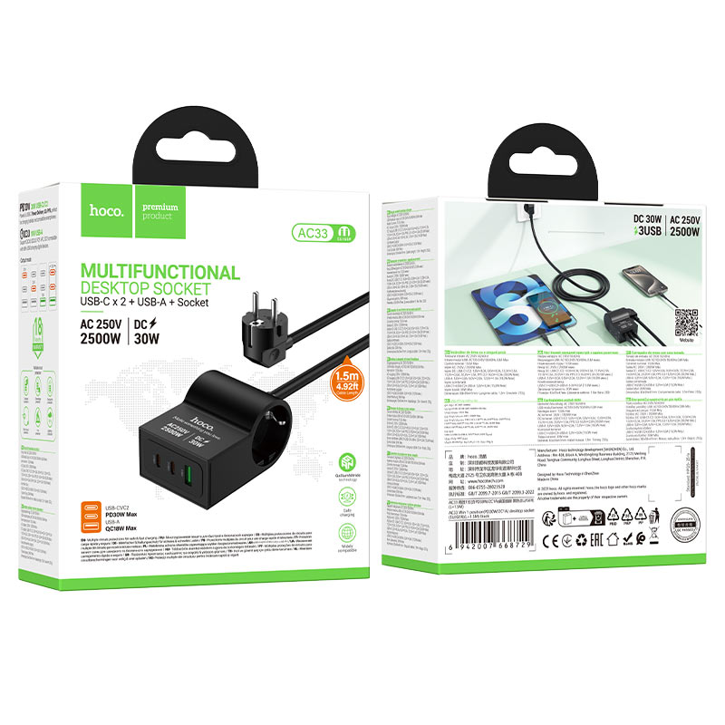 HOCO AC33 power strip with USB-C PD30W and EU socket