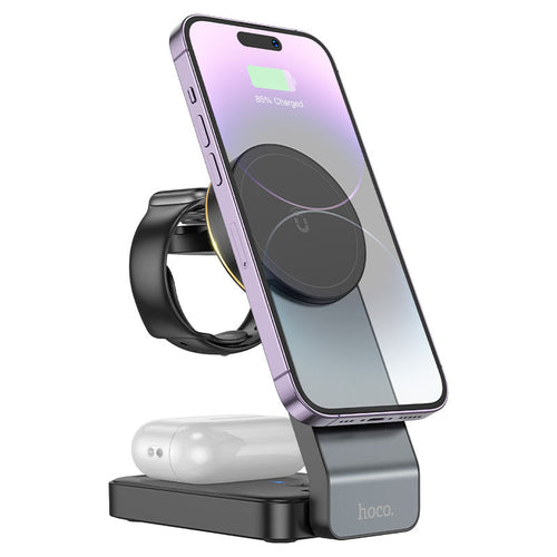HOCO CQ3 Noble Black 3-in-1 Folding Magnetic Wireless Charger – 15W