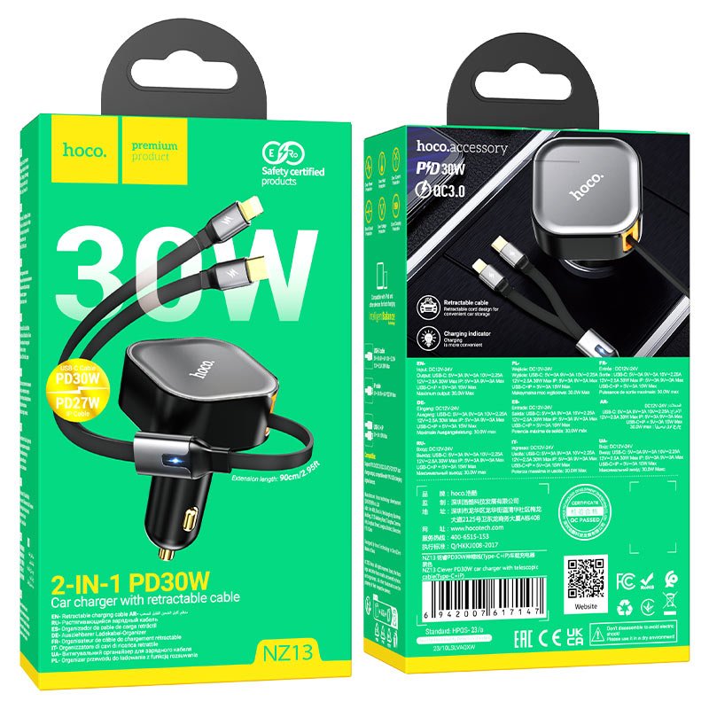 HOCO NZ13 Clever PD30W car charger with retractable Type-C and Lightning cable