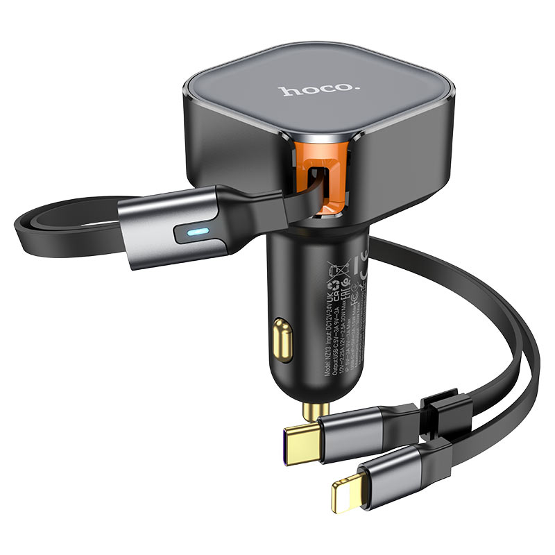 HOCO NZ13 Clever PD30W car charger with retractable Type-C and Lightning cable