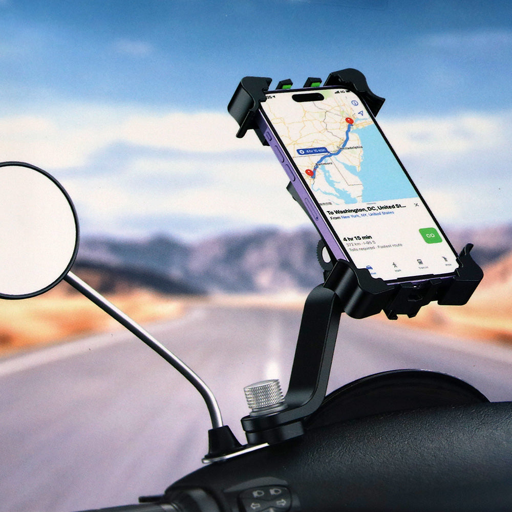 XO C118 mount on motorcycle mirror bracket with phone