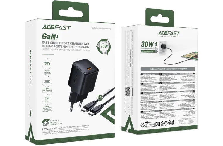 ACEFAST A118 PD30W GaN Wall Charger with USB-C Cable – EU Plug