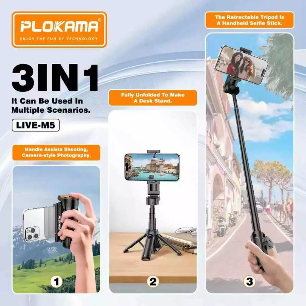 Extendable Grip Tripod Mini Selfie Stick with Remote (11cm–42cm) PLOKAMA LIVE-M5