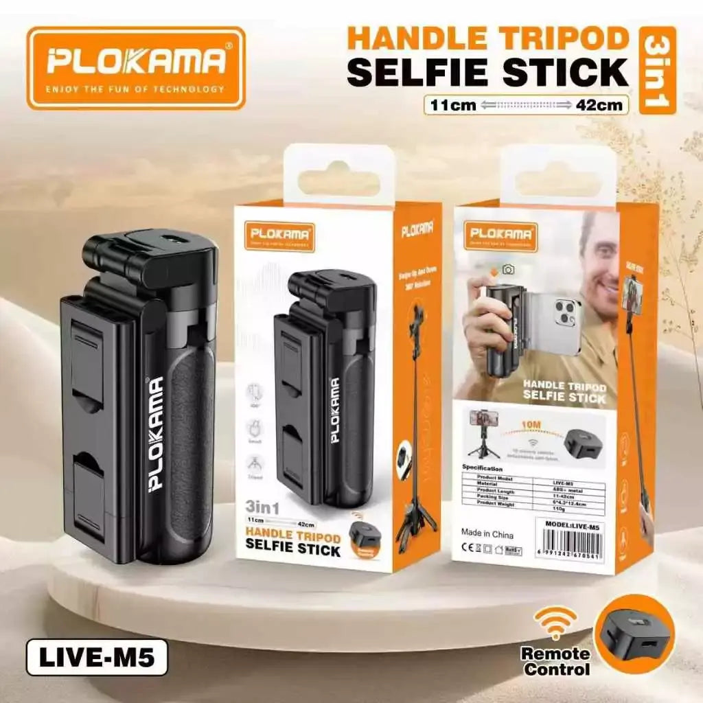 PLOKAMA LIVE-M5 extendable selfie stick tripod with Bluetooth remote
