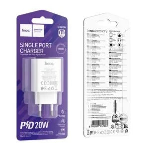 HOCO C143A charger plugged into EU socket for fast charging.
