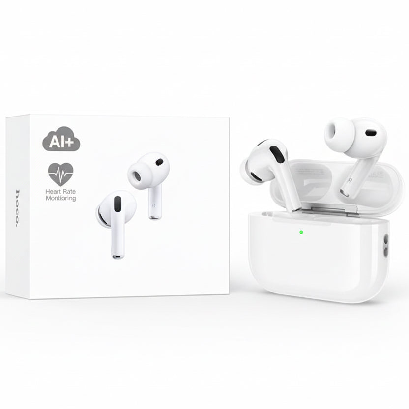 Hoco EW98 TWS wireless earbuds with ANC and AI translation in white charging case, Bluetooth 6.0
