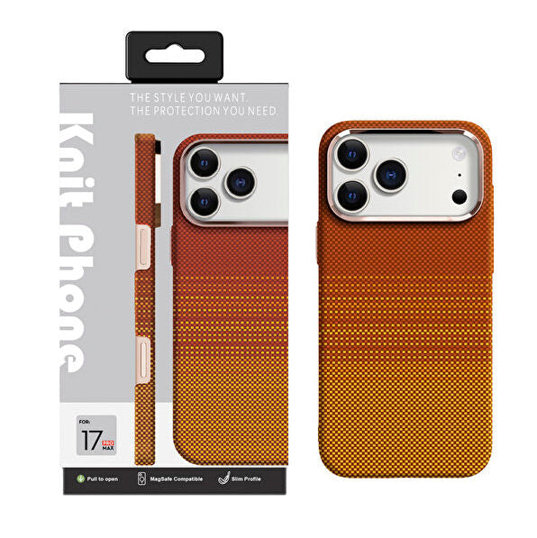 Orange knit case MagSafe alignment demo on iPhone