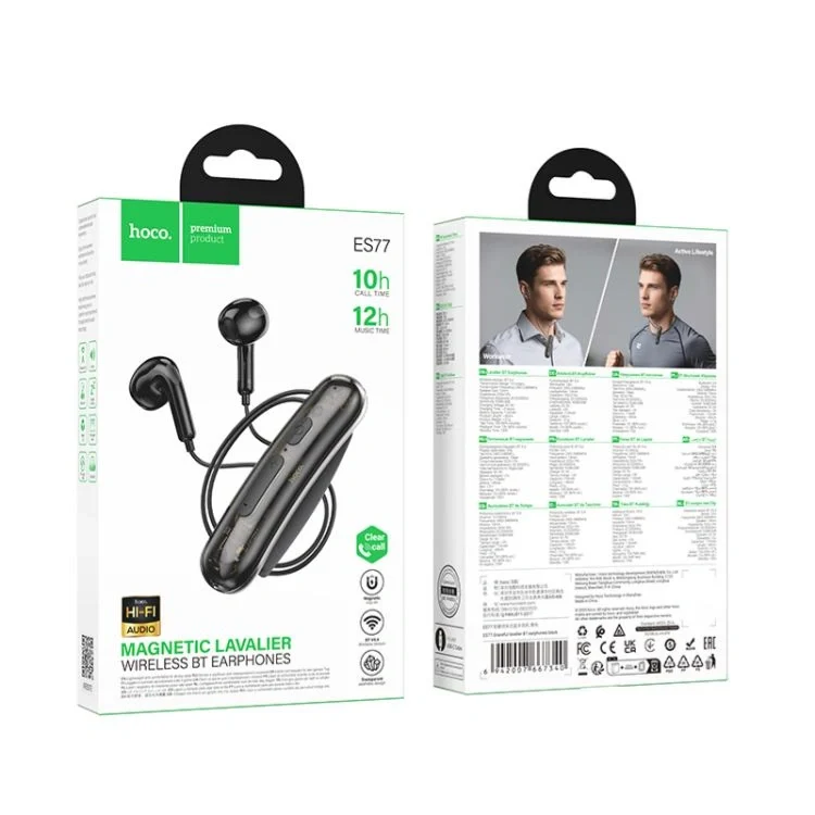 HOCO ES77 lavalier Bluetooth earphone with clip-on design.
