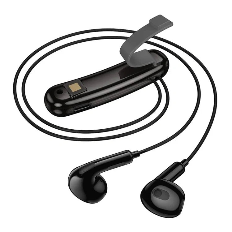 HOCO ES77 clip-on Bluetooth earphone attached to shirt.
