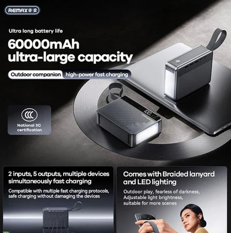 REMAX FP-6 large power bank with carrying strap and LED light