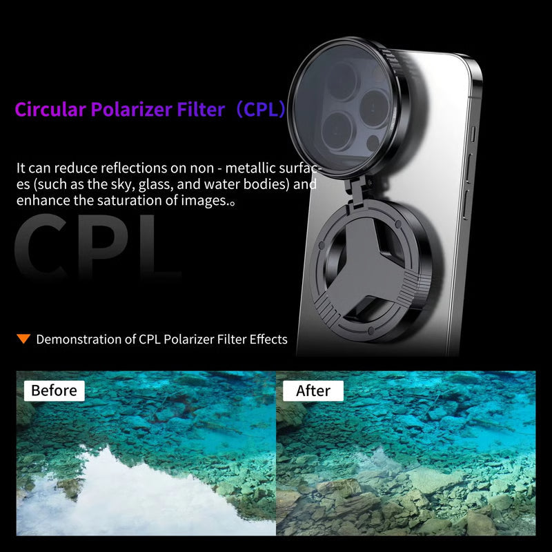 52mm magnetic circular polarizer filter demonstrating 1-second snap-on attachment to lens adapter ring
