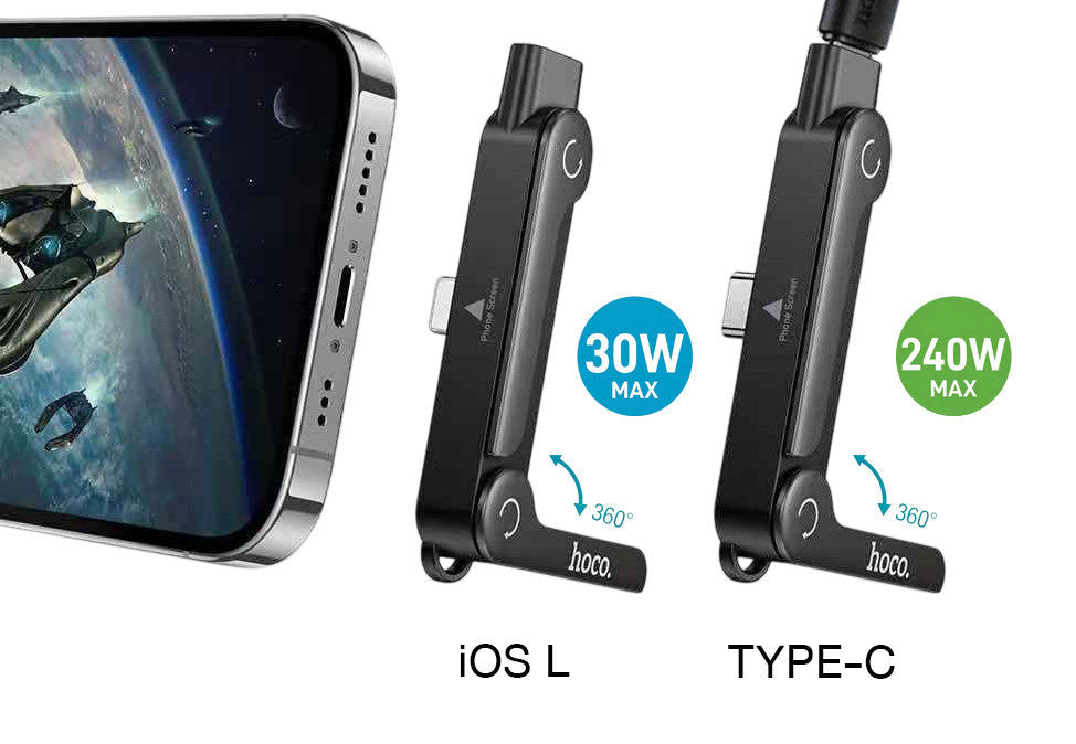 Compact phone holder adapter with USB-C to USB-C and Lightning connectivity.
