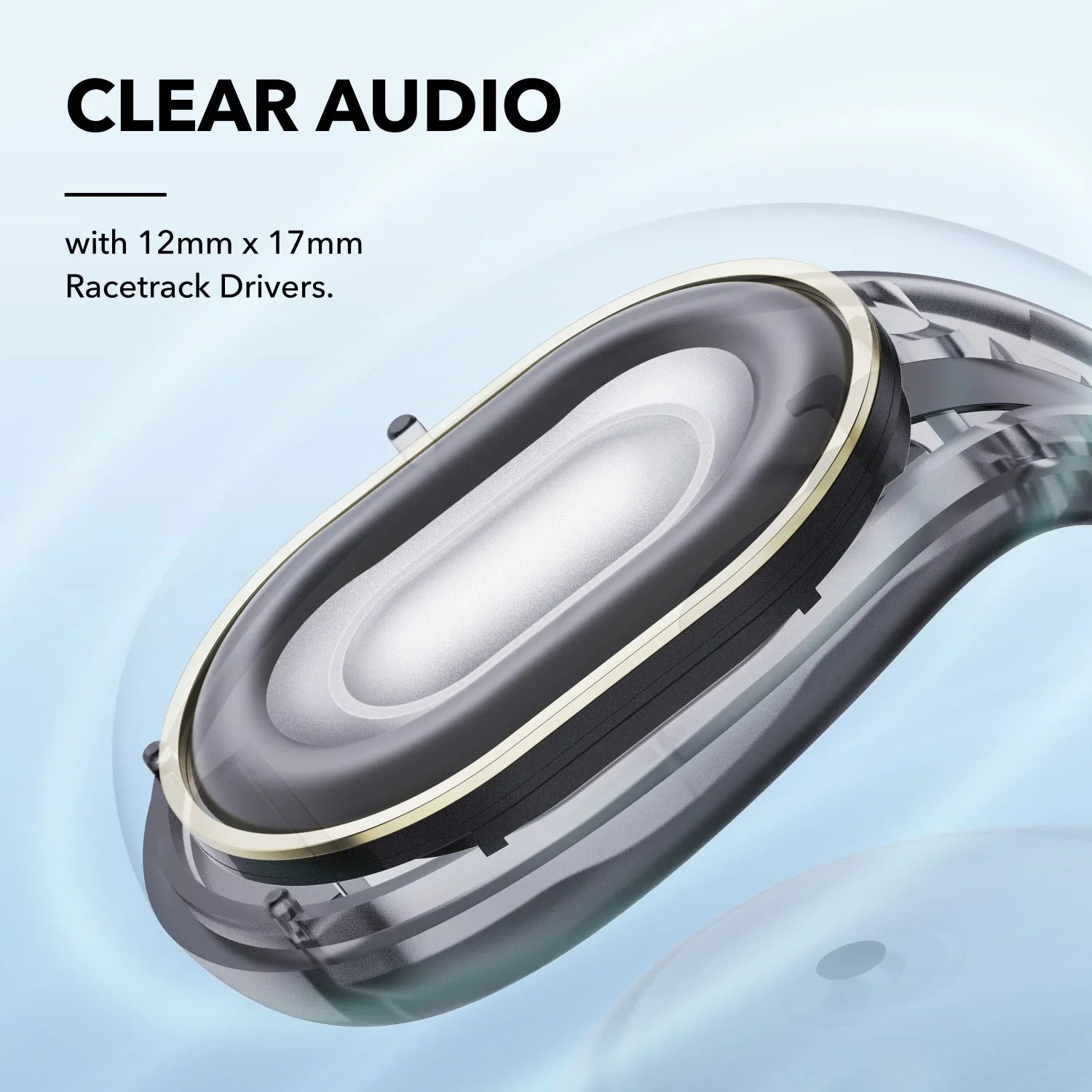 Close-up of Soundcore C30i earbuds clipped onto ear.
