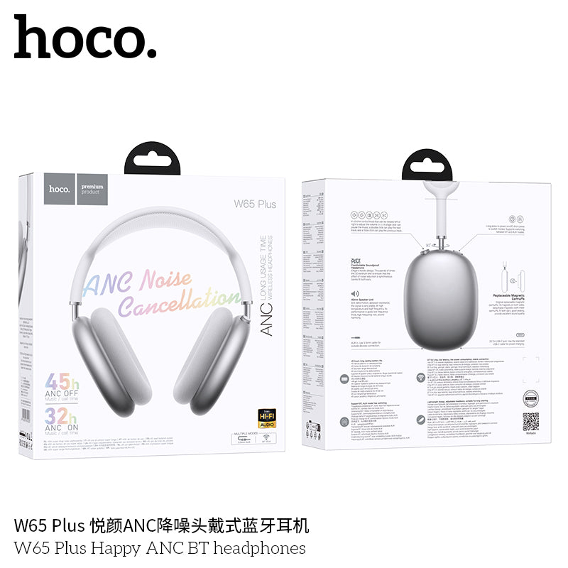 HOCO W65 Plus ANC headphones front view on ears