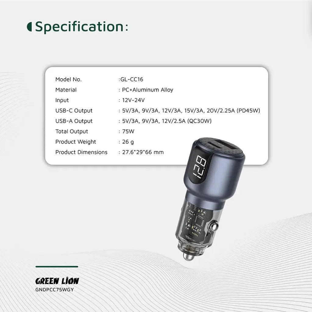 Green Lion 75W Car Charger – USB-C PD 45W and USB-A QC 30W Ports