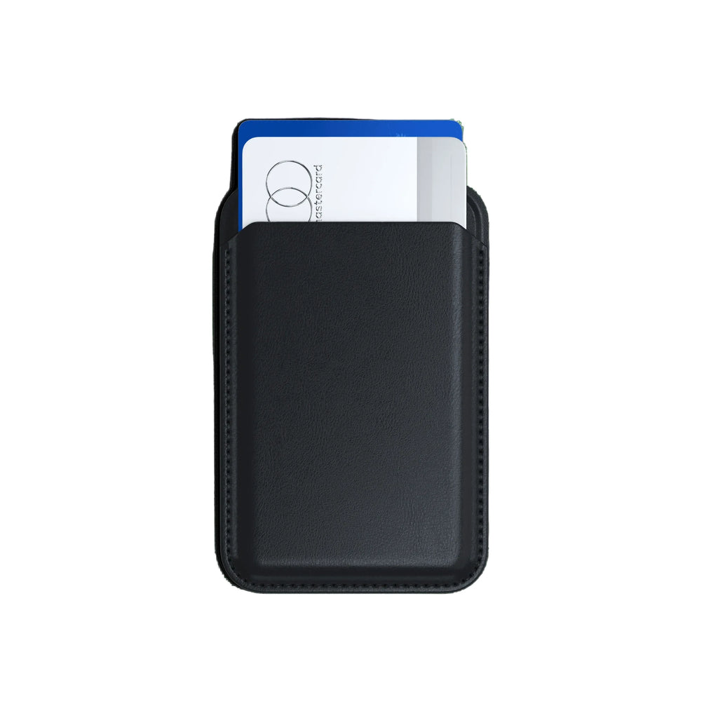Magnetic wallet stand with cards and phone stand open