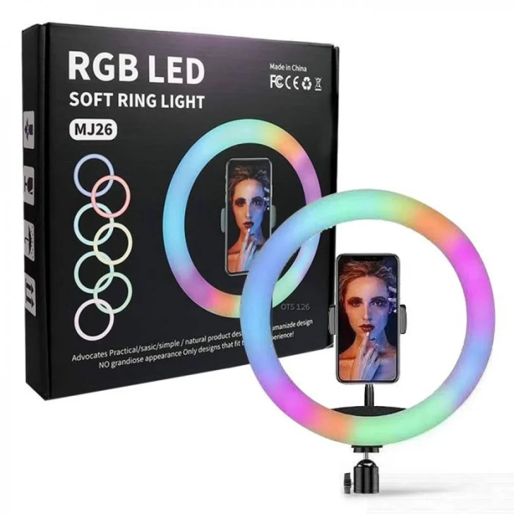 MJ26 RGB LED ring light 26cm front view with tripod